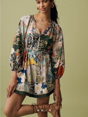 NEW ALEMAIS WOMENS BIANCA LONG SLEEVE BELTED MINI DRESS SIZE 8 PRINT SUMMER